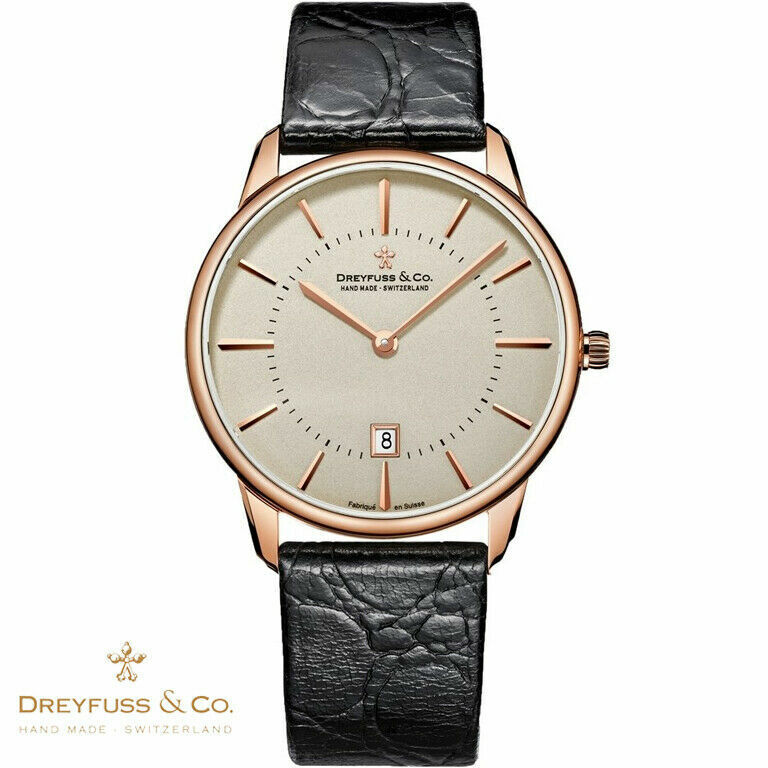 Dreyfuss & Co DGS00139/46 1980 champagne rose gold black Leather Men's Watch NEW