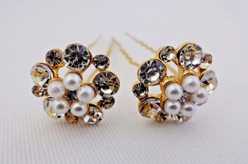Hair Pins Rhinestones White Pearls Set Of Two Dressy Occasion Bridal Wedding - Picture 3 of 13