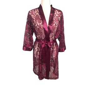 Intimate Affair Robe Womens Size M Ruby Lace Kimono Tie Robe Satin Trim Sexy