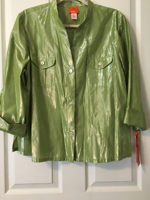 HEARTS OF PALM metallic look green button up sexy V-neck shirt/top size 18