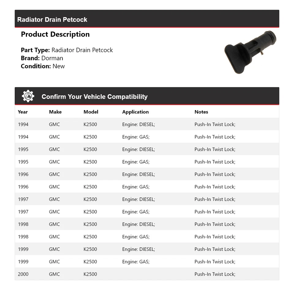 Para GMC K2500 1994-2000 Dorman Radiador Drenaje Petcock 1995 1996 1997 1998 1999 Foto 2 de 4