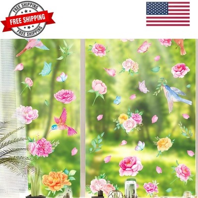 9 Sheets Spring Summer Window Clings Pink Flower Window Clings Watercolor Hum...