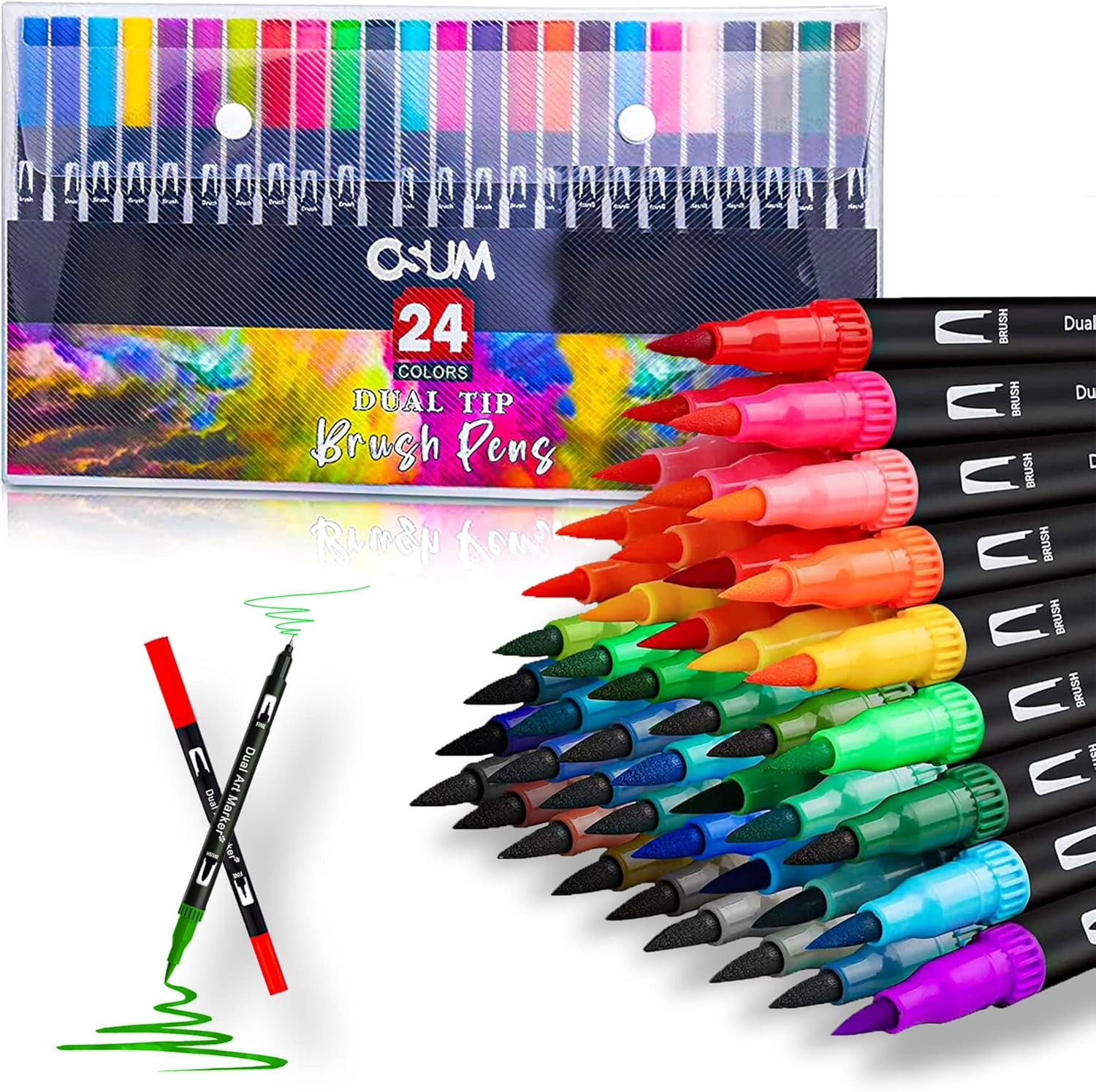 Colouring Pens Wallet of 24 | Felt Fine Tip Pens - Coloured Dual Tip Brush Marke