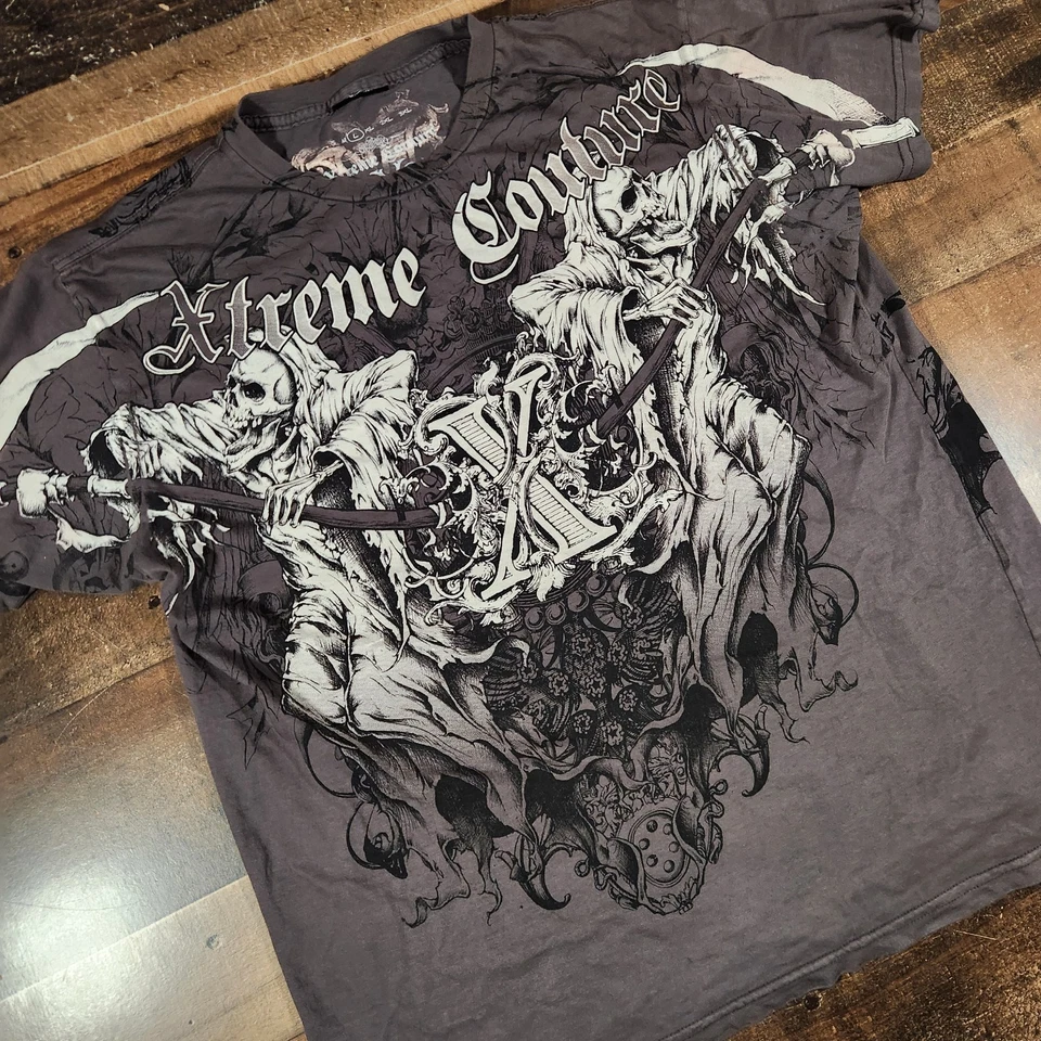 Camisa De Colección Xtreme Couture Affliction Para Hombres Grande Gris Y2K Grunge Calaveras MMA Foto 3 de 4