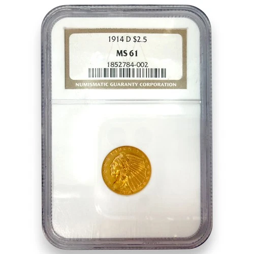 Certified 1914-D U.S. $2 1/2 Indian head gold coin