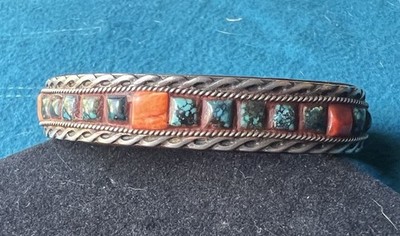 Charlie Favour Turquoise Inlay Bracelet Cuff Sterling Silver Leather Signed A56