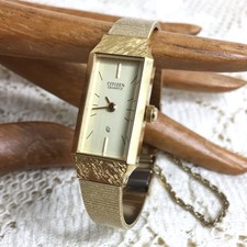 Vintage Watch Ladies Dress 80s Gold Bracelet Chain Citizen CQ w/Manual Untested