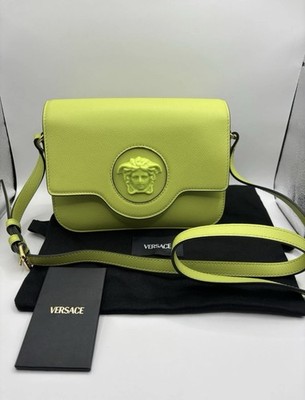Versace La Medusa Logo Plaque Green Lime Pebbled Leather Crossbody Bag New $1600