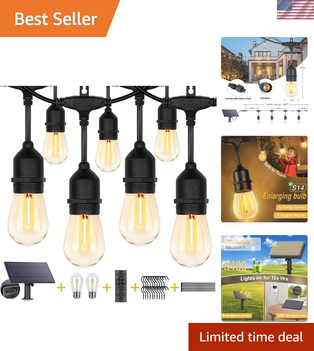 100FT Solar LED String Lights with Shatterproof Bulbs - Waterproof USB Charging Outdoor Decor
