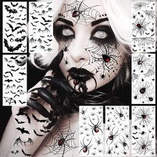 9 Sheets Halloween Spider Web Face Tattoo Stickers, Bat Half Arm Temporary Ta...