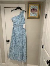 Azazie Dress Womens 12 Blue Fern Floral One Shoulder Chiffon Maxi Formal Gown