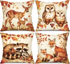 Animal Family Theme Fall Pillow Covers 18x18 Inch Set of 4, Burnt Orange Rust De