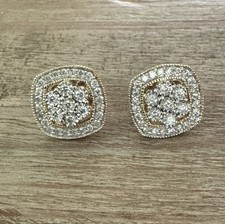 10k Yellow Gold 11mm Natural Diamond Cluster Halo Earrings, 925
