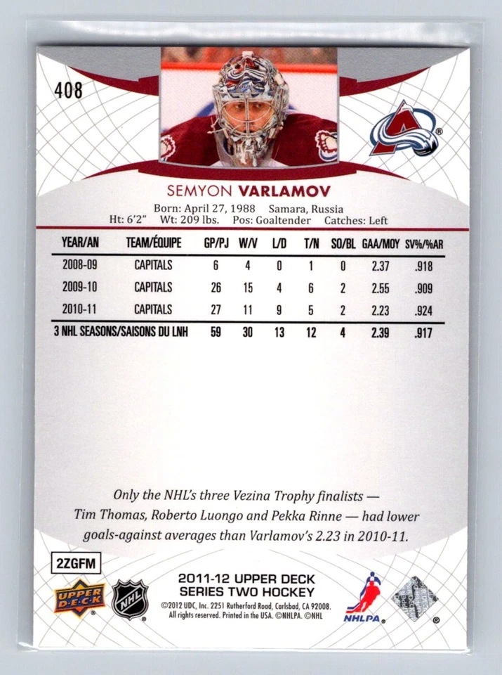 2011-12 Upper Deck #408 Semyon Varlamov Colorado Avalanche - Image 2 of 2