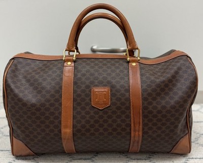 CELINE Vintage Cognac Brown Canvas Leather Macadam Travel Weekender Duffle Bag