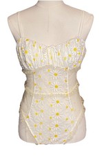 For Love Lemons llngerie Bodysuit Size M White Sheer Lace Daisy Embroidered