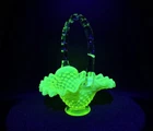 ‼️GLOWS‼️ Fenton Vaseline Topaz Opalescent Hobnail Basket 6" Tall URANIUM GLOW