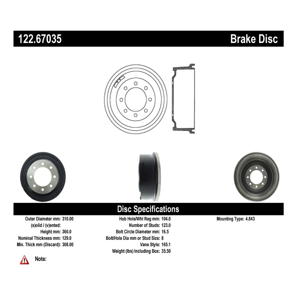 Tambor de freno Centric Parts 122.67035 para 98-03 Dodge 2500 Van 3500 Van B2500 B3500 Foto 3 de 4