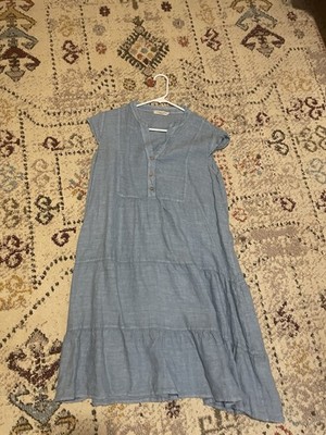 Francesca Bettini 100% Linen Tiered Dress Blue Italy Cap Sleeve V-Neck Medium M