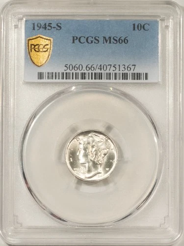 1945-S MERCURY DIME - PCGS MS-66, BLAST WHITE!