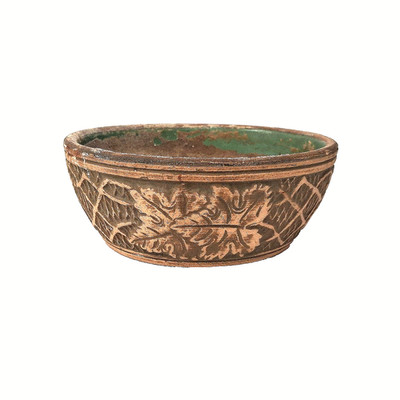 Vintage Asian Relief Pottery Bowl Green Glaze Floral Geometric Decor Bowl