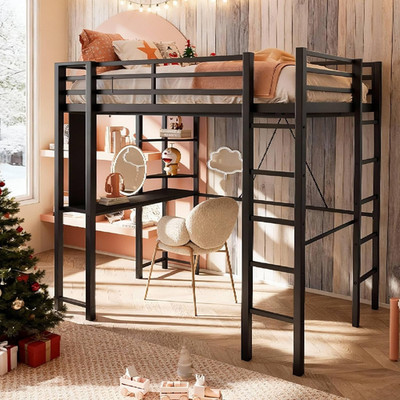 SUNLEI Full Size Metal Loft Bed Frame with Desk, Loft Bed with 2 Built-In Ladder