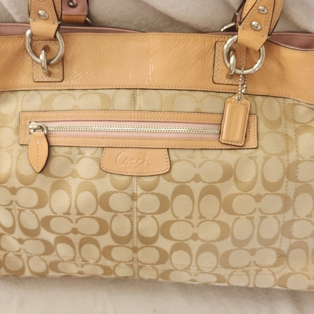 Coach Signature C Penelope Peach/Tan Leather/Canvas Tote Bag No