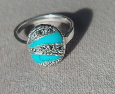 Sterling Silber 925 Ring mit Markasit und Türkis Intarsien