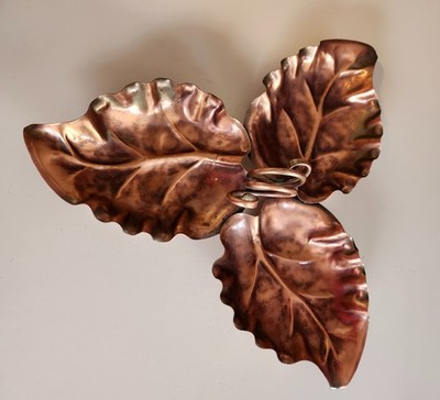 Solid Copper 3 Leaf Serving Tray Dish w/ Twisted Handle Approx 12''