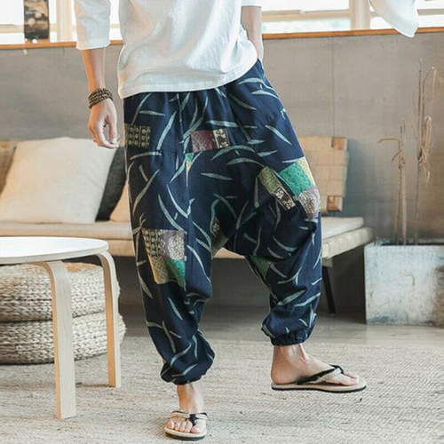Men 100%Cotton Elastic Waist Long Pants Pirnted Baggy Loose Jogger Yoga Trousers - 第 3/36 張圖片