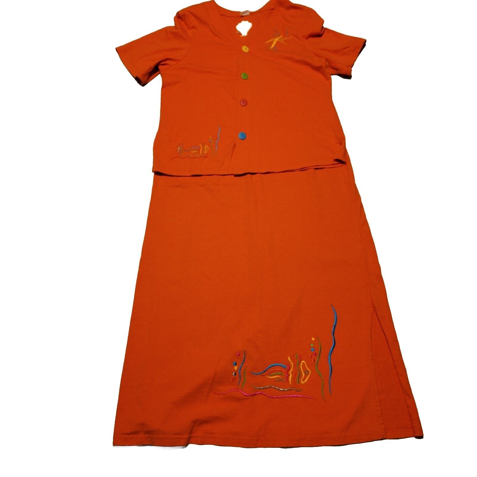 Mittus Maxi Dress Women Extra Large Orange Top Set Button Front Embroided Shirt-image