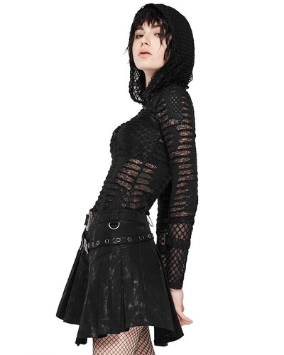 Punk Rave Womens Apocalyptic Gothic Grunge Shredded Mesh Hooded Top Hoodie Black - Picture 5 of 12