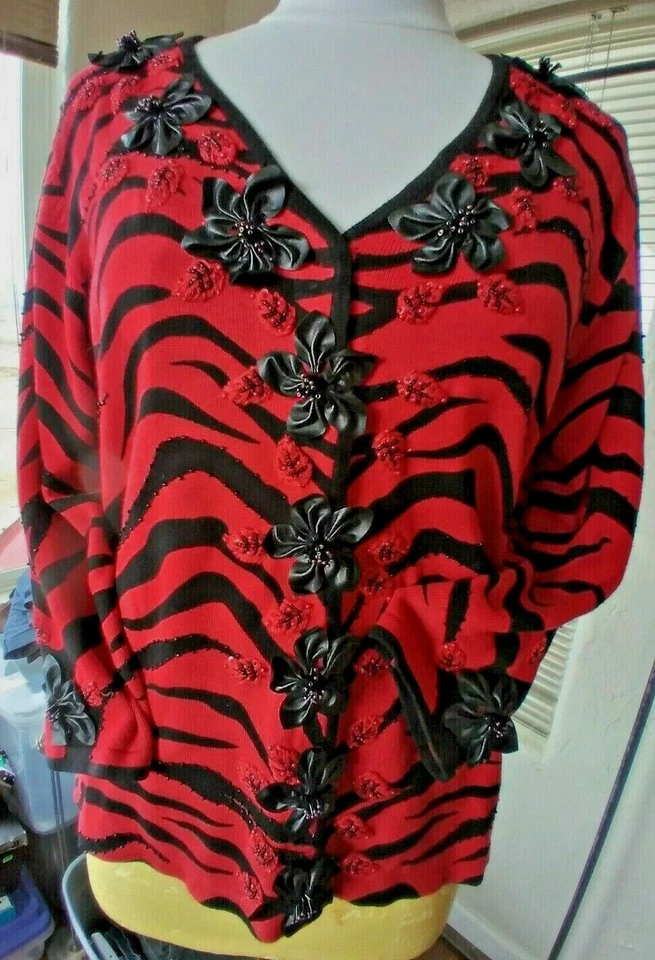 SUÉTER Vintage Cuero Flores Bling Animal Art XL RARO CÁRDIGAN BEREK MUJER  Foto 2 de 4