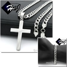 20"MEN Stainless Steel 7mm Silver Cuban Curb Necklace Bracelet Cross Pendant P64