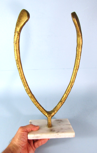 SCULTURA WISHBONE METALLO DORATO GRANDE STATUA ALTA 15" SU BASE MARMO - Foto 8 di 8
