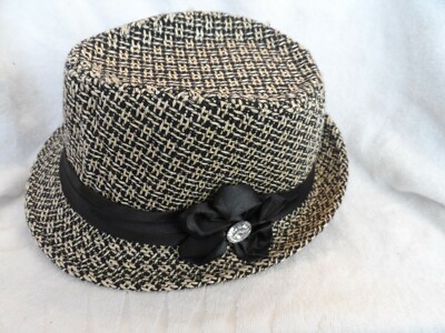 Women Lady black white tweed Fedora Hat, ribbon band and bow
