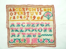 ANTICO imparaticcio RICAMO alfabeto NUMERI PRIMI  '900 28X25 CM SCUOLA BAMBINA