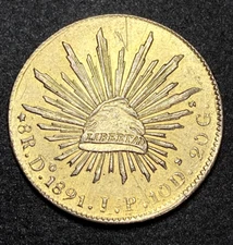 Gorgeous Gold Gilded 8 Reales 1891 Durango JP Mexico Silver Cap & Rays BU Coin $