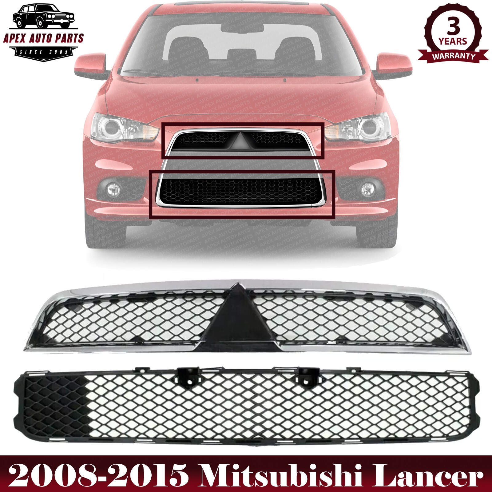 Front Bumper Upper & Lower Grille Assembly For 2008-2015 Mitsubishi Lancer