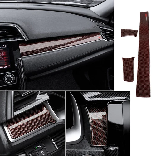 Tira de tablero de consola central de fibra de carbono roja para Honda Civic 2016-21 tipo R - Imagen 3 de 7