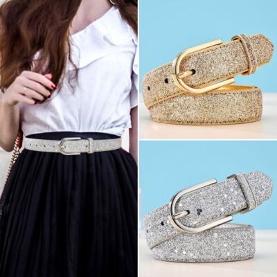 Waist Strap Glitter Leather Belt Pin Buckle Waistband Trouser Dress Belts  UK