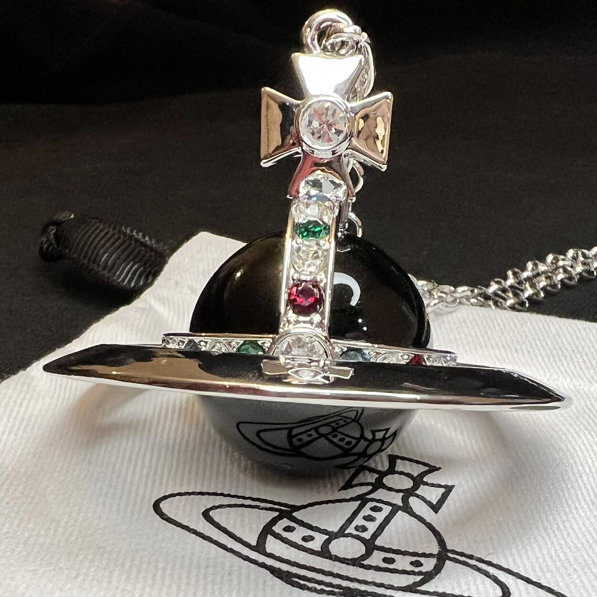 Vivienne Westwood Nana World Ends Giant orb Black Crystal Silver Necklace 107