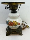 Vintage Hand Painted Pink Floral Milk Glass Brass Base Hurricane Lamp. Working