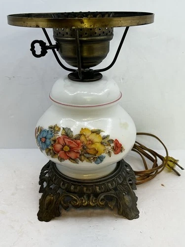 Vintage Hand Painted Pink Floral Milk Glass Brass Base Hurricane Lamp. Working