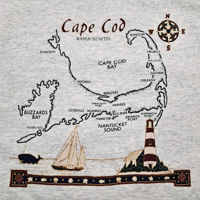 Vintage Cape Cod Massachusetts Map Single Stitch T-Shirt Size M Heathered Gray