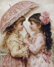 8x10 Cozy Storybook Two Little Girls with Umbrellas Art Print - 388207757