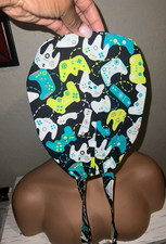 Patterned Scrub Cap with Video Game Controller Print, Black Blue Yellow White
