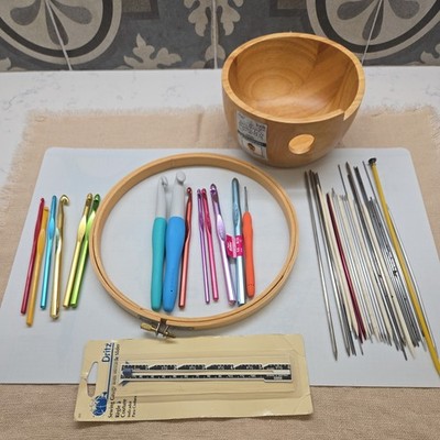 Huge Lot Of 49 pieces Knitting And Crochet Needles Hooks With Yarn Bowl 