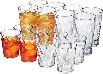 Optix Plastic Reusable Drinking Glasses Set of 16 14oz Rocks & 20oz Water Cups