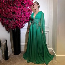 Green Beach Evening Dresses Shiny Metal Sheet Prom Dress Chiffion Deep V-Neck